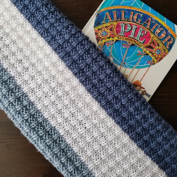 Hand Knit Baby Blanket - Waffle Pattern - Blue and White Stripe - Picture 3 of 8